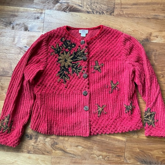Vintage Red Chenille Button Front Embroidered Jacket - Picture 3 of 11